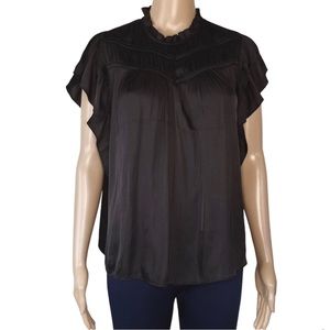 Joie Flutter Sleeve Top Shirred Bodice Ruffle Neck Black Medium